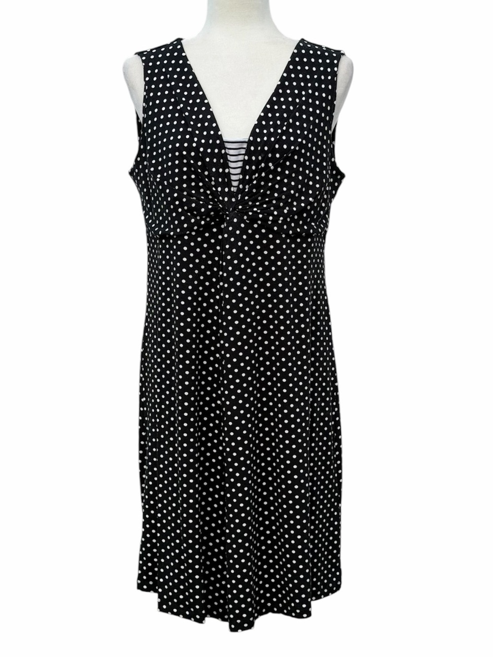 Yest Black and White Polka Dot Front Knot Sleeveless Stretch Knit Midi Dress, 12